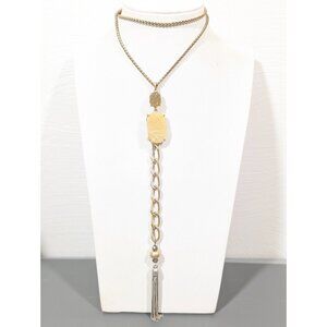 Lucky Brand Faux Drusy Gold Tone Chain Tassel Y-Drop Long Necklace 23 in Boho